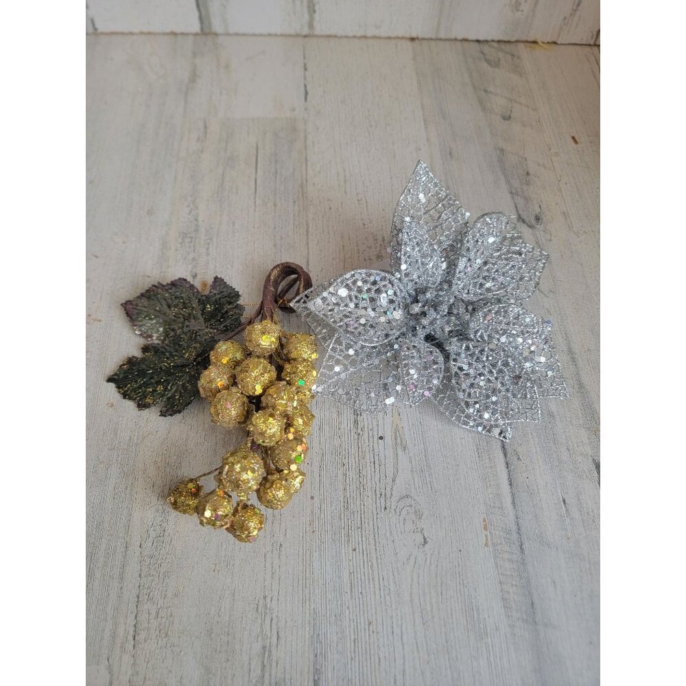 Glitter golden grape‎ silver poinsettia flower ornament Xmas set